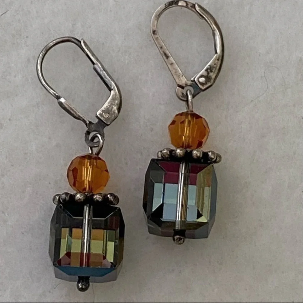 925 Sterling Silver Green Yellow Crystal Minimalist Cube Drop Earrings NEW